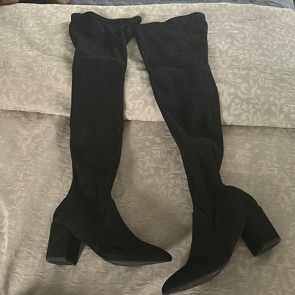 Black suede over the knee heeled boot
